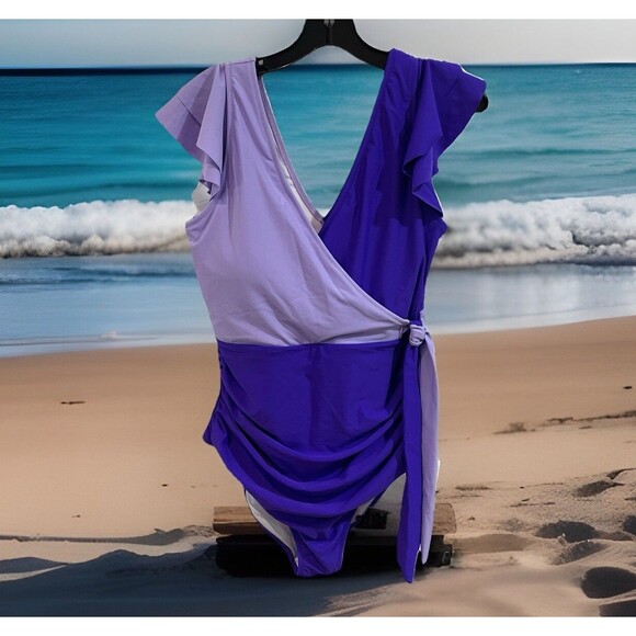 Blooming Jelly Swimsuit Slimming Purple One Piece Cross Cross Ruffle Sz XL Beach - Picture 1 of 7